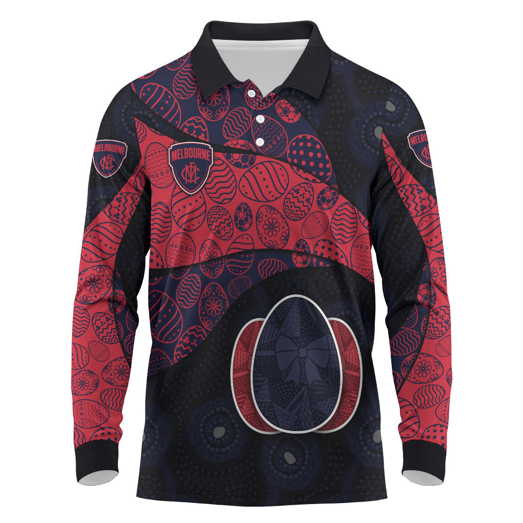 Personalized Melbourne Football Long Sleeve Polo Shirt Easter Egg Pattern Red Navy Tribal Dot Art Style