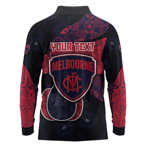 Personalized Melbourne Football Long Sleeve Polo Shirt Easter Egg Pattern Red Navy Tribal Dot Art Style