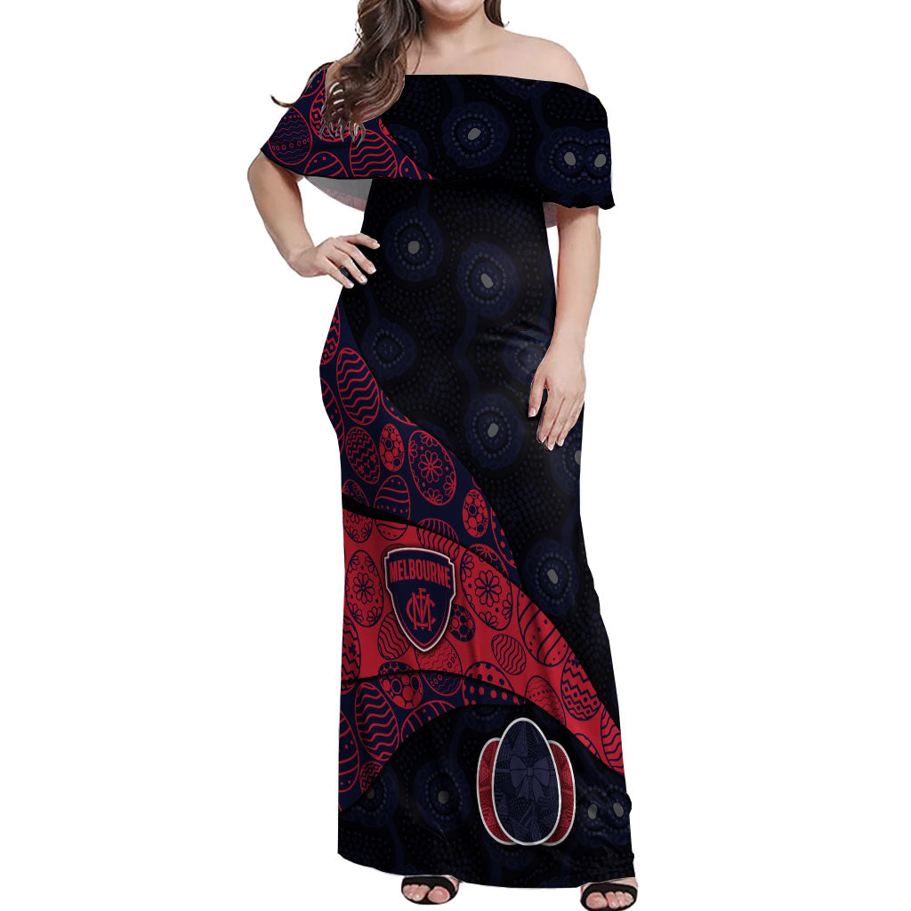 Personalized Melbourne Football Off Shoulder Maxi Dress Easter Egg Pattern Red Navy Tribal Dot Art Style
