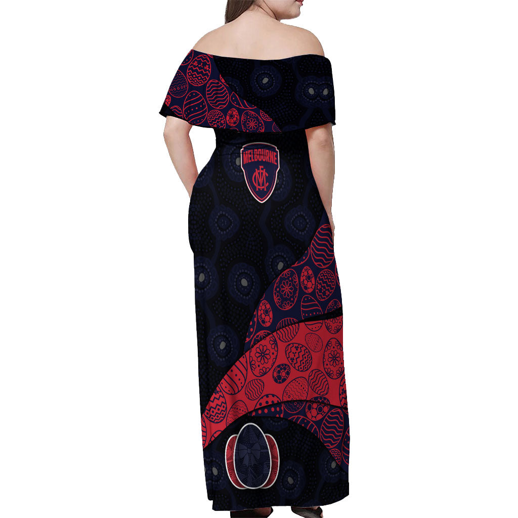 Personalized Melbourne Football Off Shoulder Maxi Dress Easter Egg Pattern Red Navy Tribal Dot Art Style