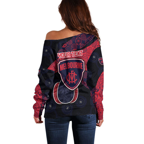 Personalized Melbourne Football Off Shoulder Sweater Easter Egg Pattern Red Navy Tribal Dot Art Style