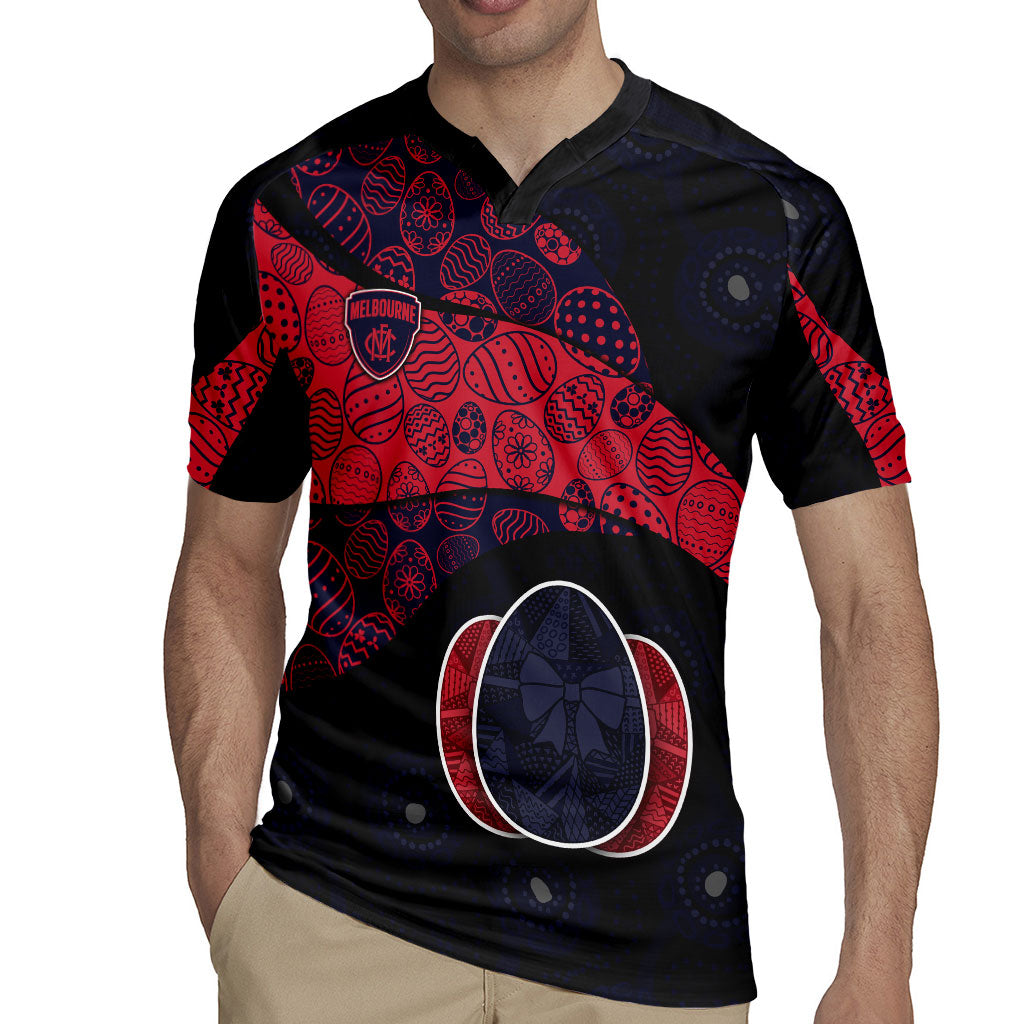 Personalized Melbourne Football Rugby Jersey Easter Egg Pattern Red Navy Tribal Dot Art Style