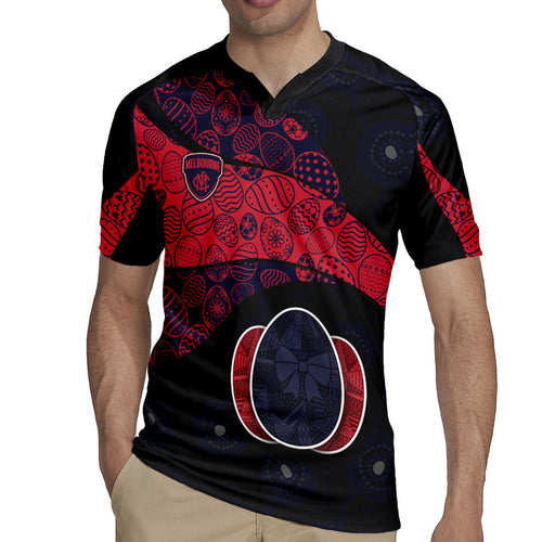 Personalized Melbourne Football Rugby Jersey Easter Egg Pattern Red Navy Tribal Dot Art Style