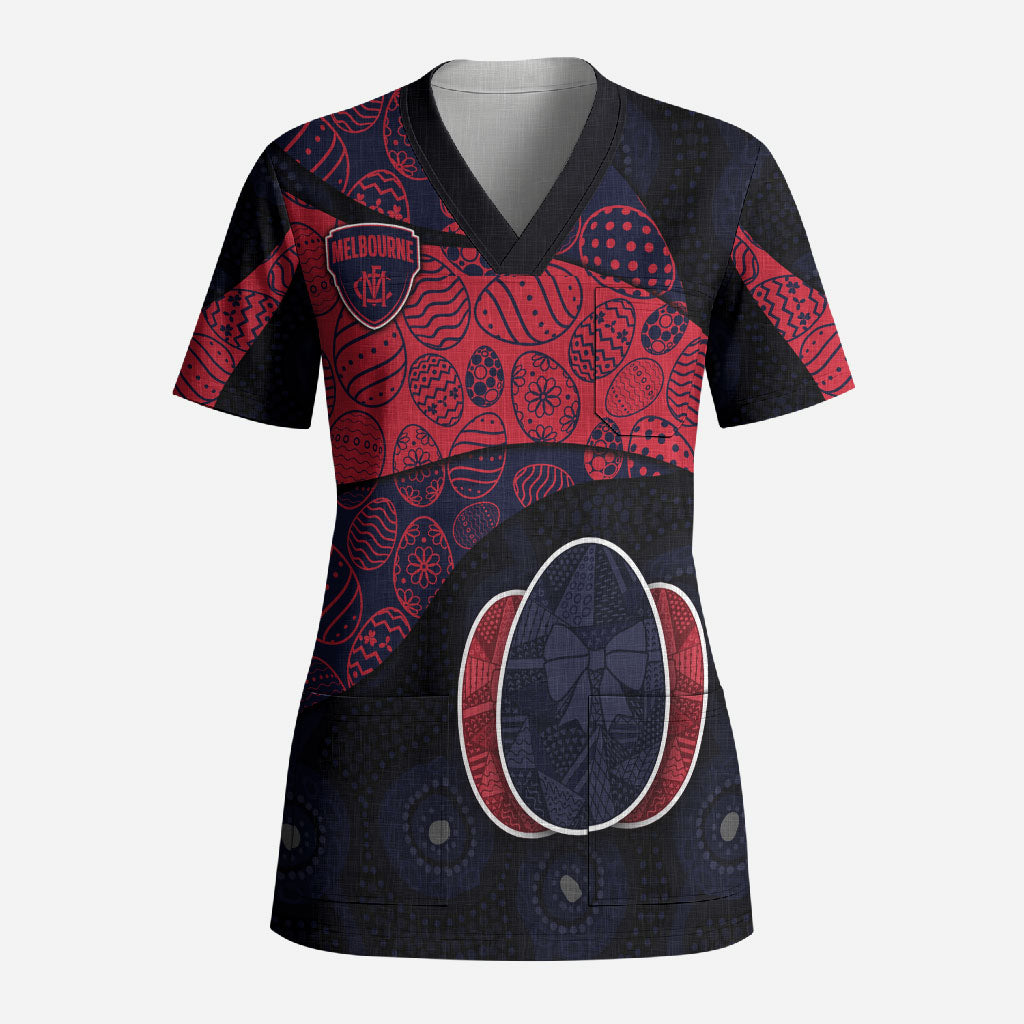 Personalized Melbourne Football Scrub Top Easter Egg Pattern Red Navy Tribal Dot Art Style
