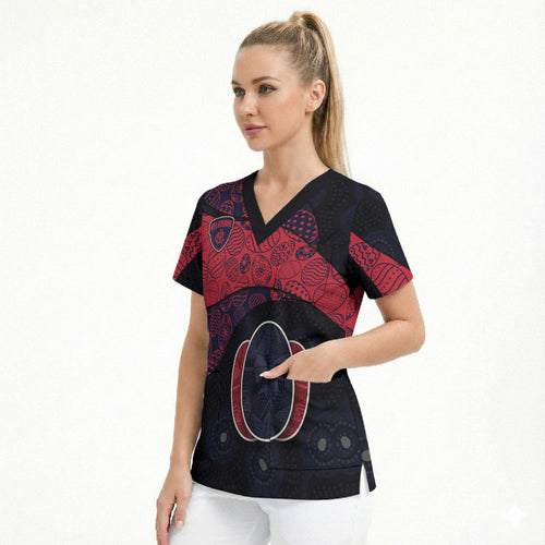Personalized Melbourne Football Scrub Top Easter Egg Pattern Red Navy Tribal Dot Art Style