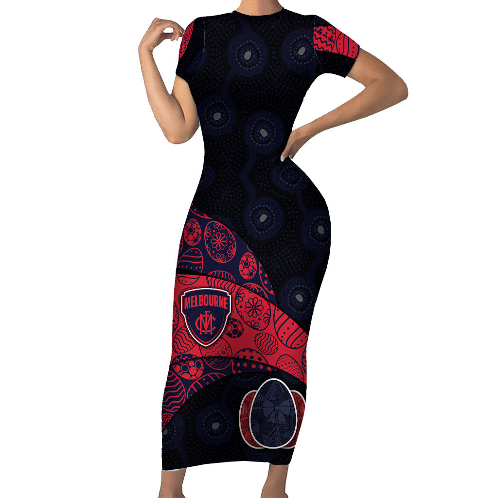 Personalized Melbourne Football Short Sleeve Bodycon Dress Easter Egg Pattern Red Navy Tribal Dot Art Style