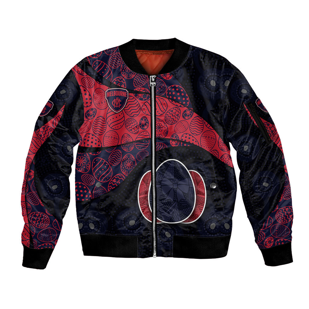 Personalized Melbourne Football Sleeve Zip Bomber Jacket Easter Egg Pattern Red Navy Tribal Dot Art Style
