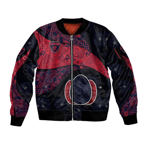 Personalized Melbourne Football Sleeve Zip Bomber Jacket Easter Egg Pattern Red Navy Tribal Dot Art Style