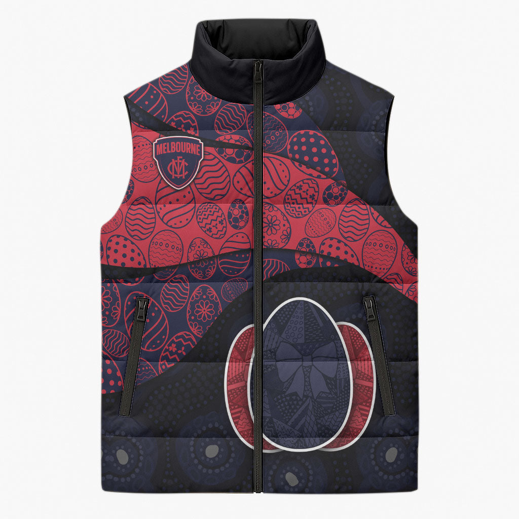 Personalized Melbourne Football Sleeveless Puffer Jacket Easter Egg Pattern Red Navy Tribal Dot Art Style