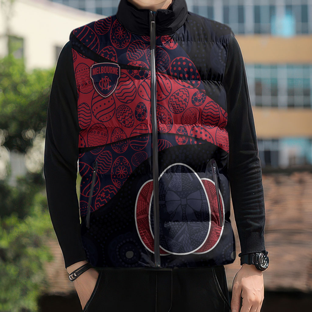 Personalized Melbourne Football Sleeveless Puffer Jacket Easter Egg Pattern Red Navy Tribal Dot Art Style