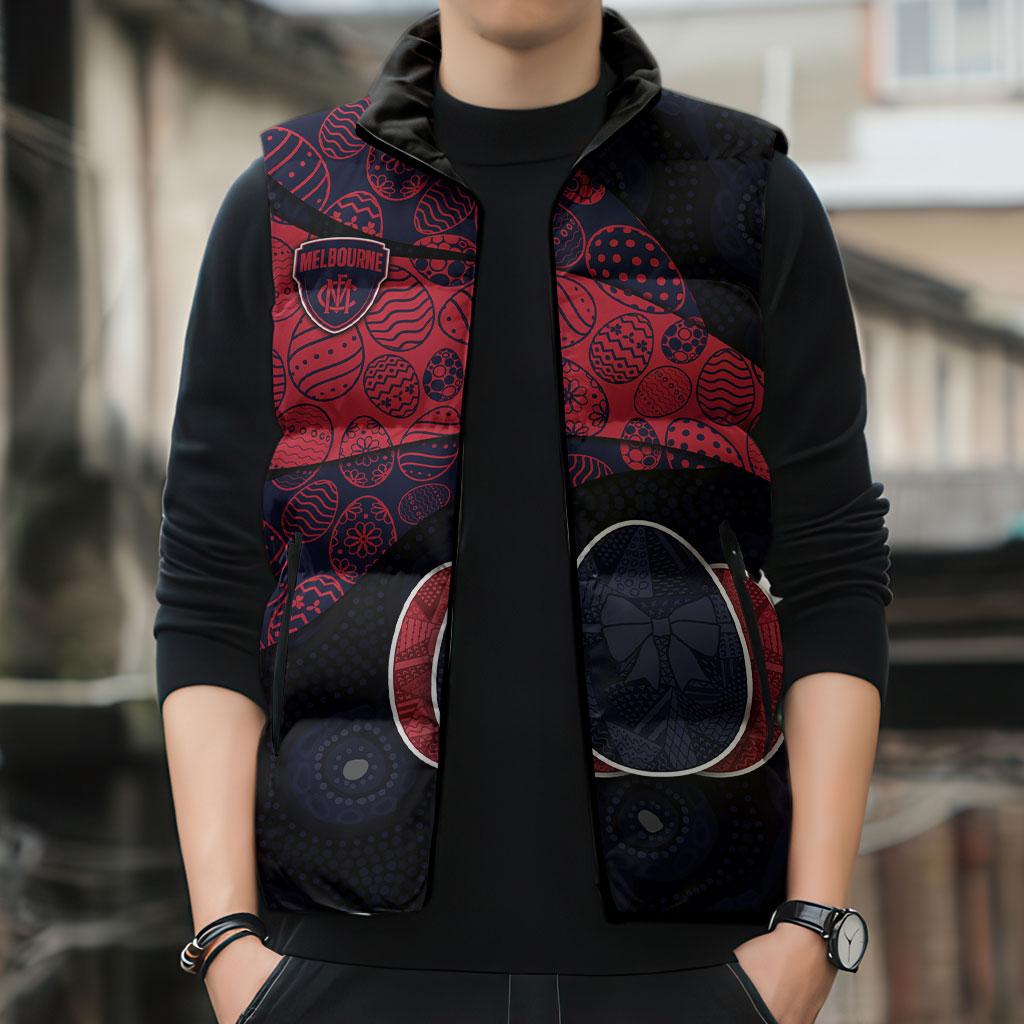 Personalized Melbourne Football Sleeveless Puffer Jacket Easter Egg Pattern Red Navy Tribal Dot Art Style