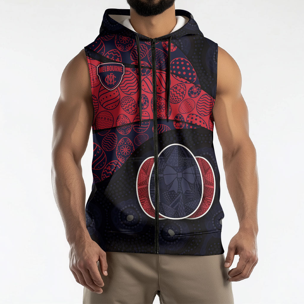 Personalized Melbourne Football Sleeveless Zip Hoodie Easter Egg Pattern Red Navy Tribal Dot Art Style