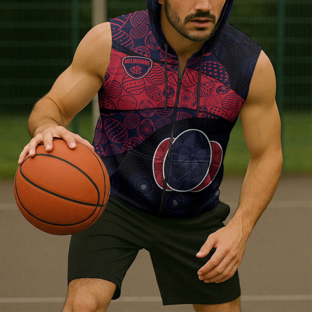 Personalized Melbourne Football Sleeveless Zip Hoodie Easter Egg Pattern Red Navy Tribal Dot Art Style