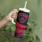 Personalized Melbourne Football Tumbler With Handle Easter Egg Pattern Red Navy Tribal Dot Art Style