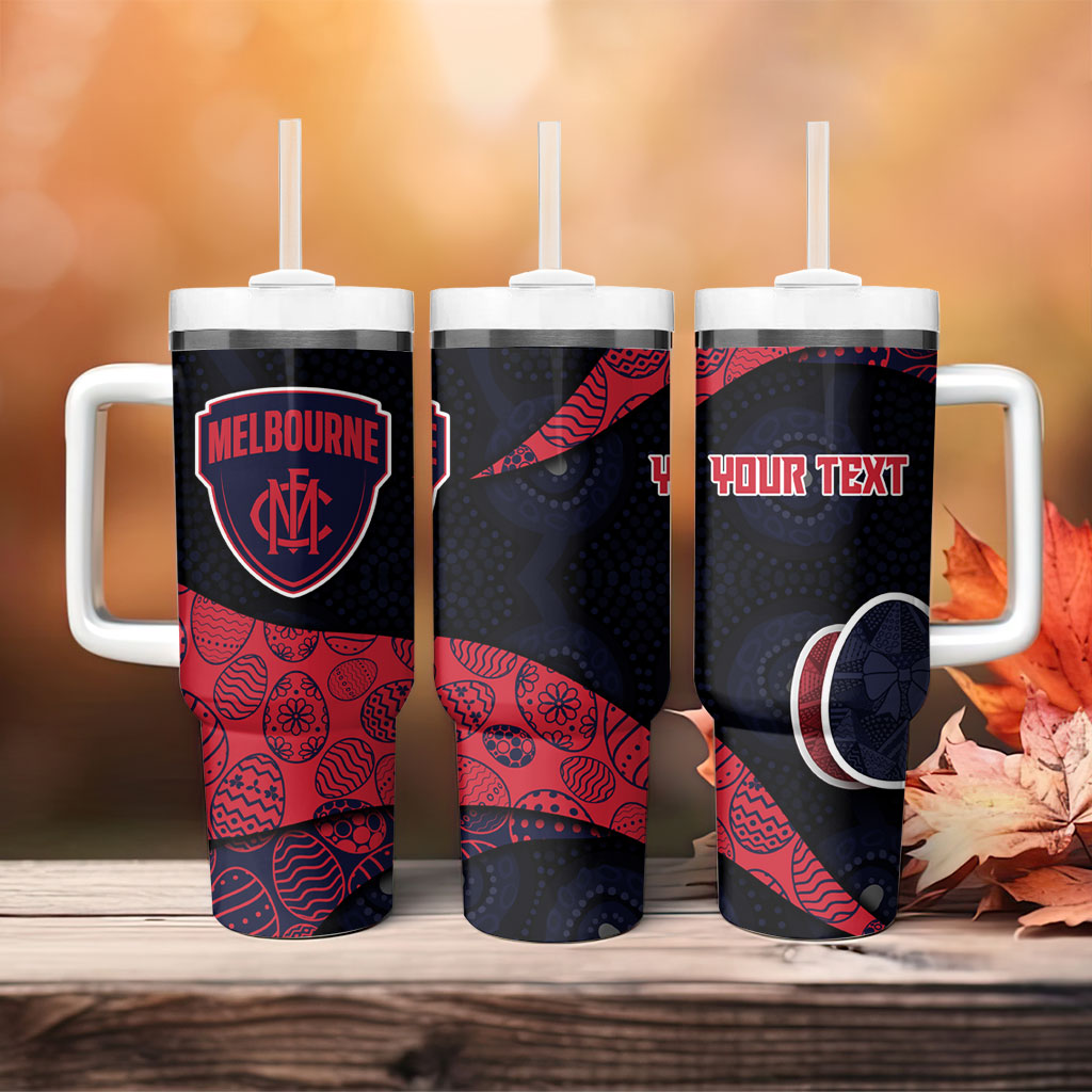 Personalized Melbourne Football Tumbler With Handle Easter Egg Pattern Red Navy Tribal Dot Art Style