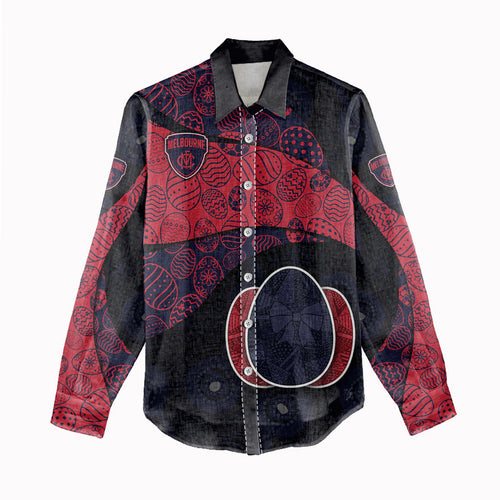 Personalized Melbourne Football Women Casual Shirt Easter Egg Pattern Red Navy Tribal Dot Art Style