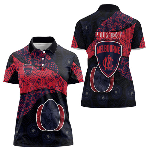 Personalized Melbourne Football Women Polo Shirt Easter Egg Pattern Red Navy Tribal Dot Art Style