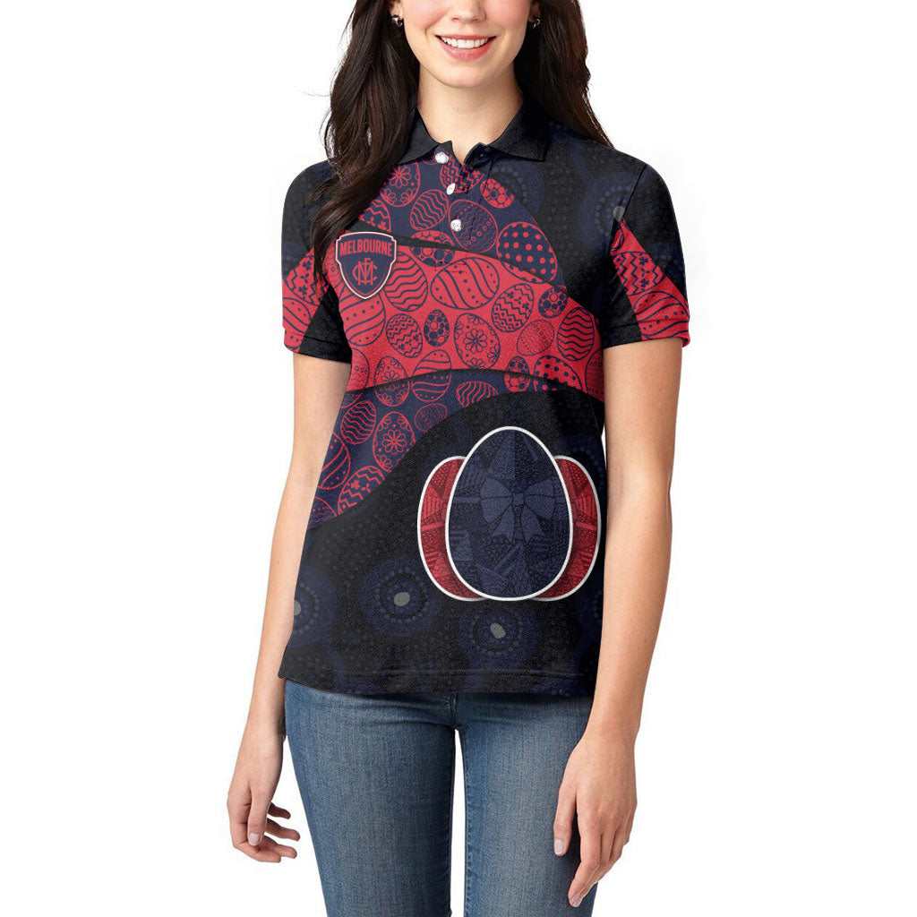 Personalized Melbourne Football Women Polo Shirt Easter Egg Pattern Red Navy Tribal Dot Art Style