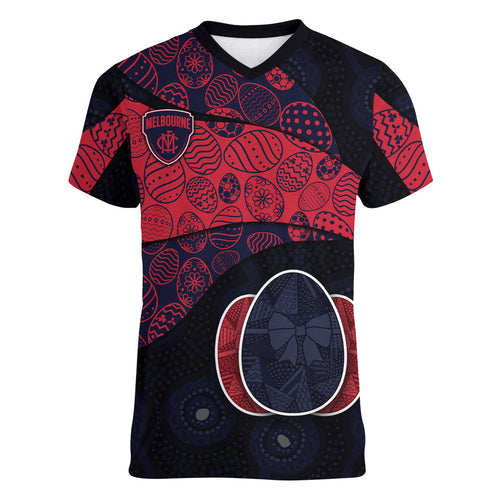 Personalized Melbourne Football Women V-Neck T-Shirt Easter Egg Pattern Red Navy Tribal Dot Art Style