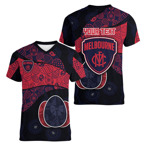 Personalized Melbourne Football Women V-Neck T-Shirt Easter Egg Pattern Red Navy Tribal Dot Art Style