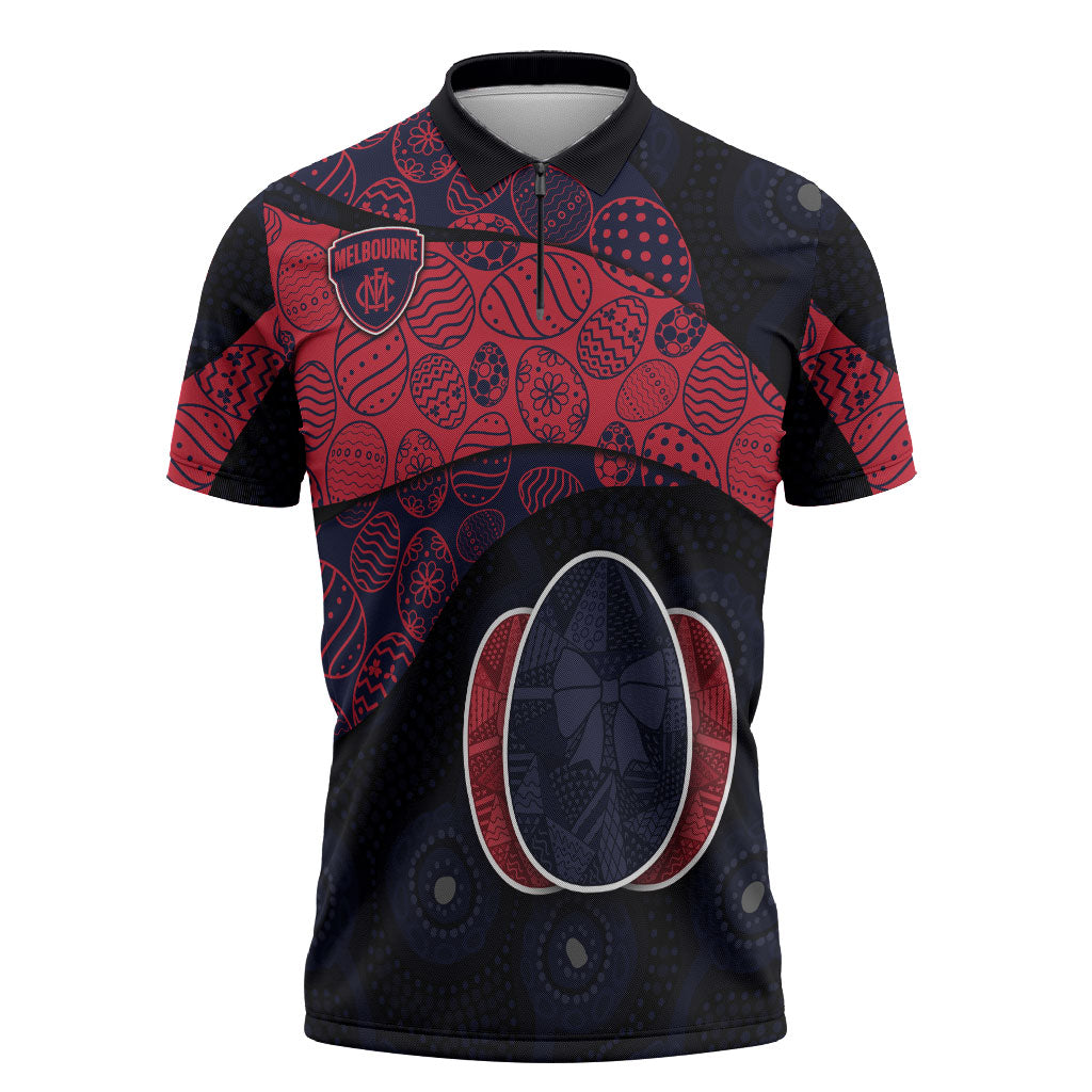 Personalized Melbourne Football Zipper Polo Shirt Easter Egg Pattern Red Navy Tribal Dot Art Style