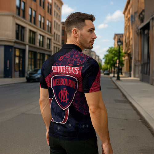 Personalized Melbourne Football Zipper Polo Shirt Easter Egg Pattern Red Navy Tribal Dot Art Style