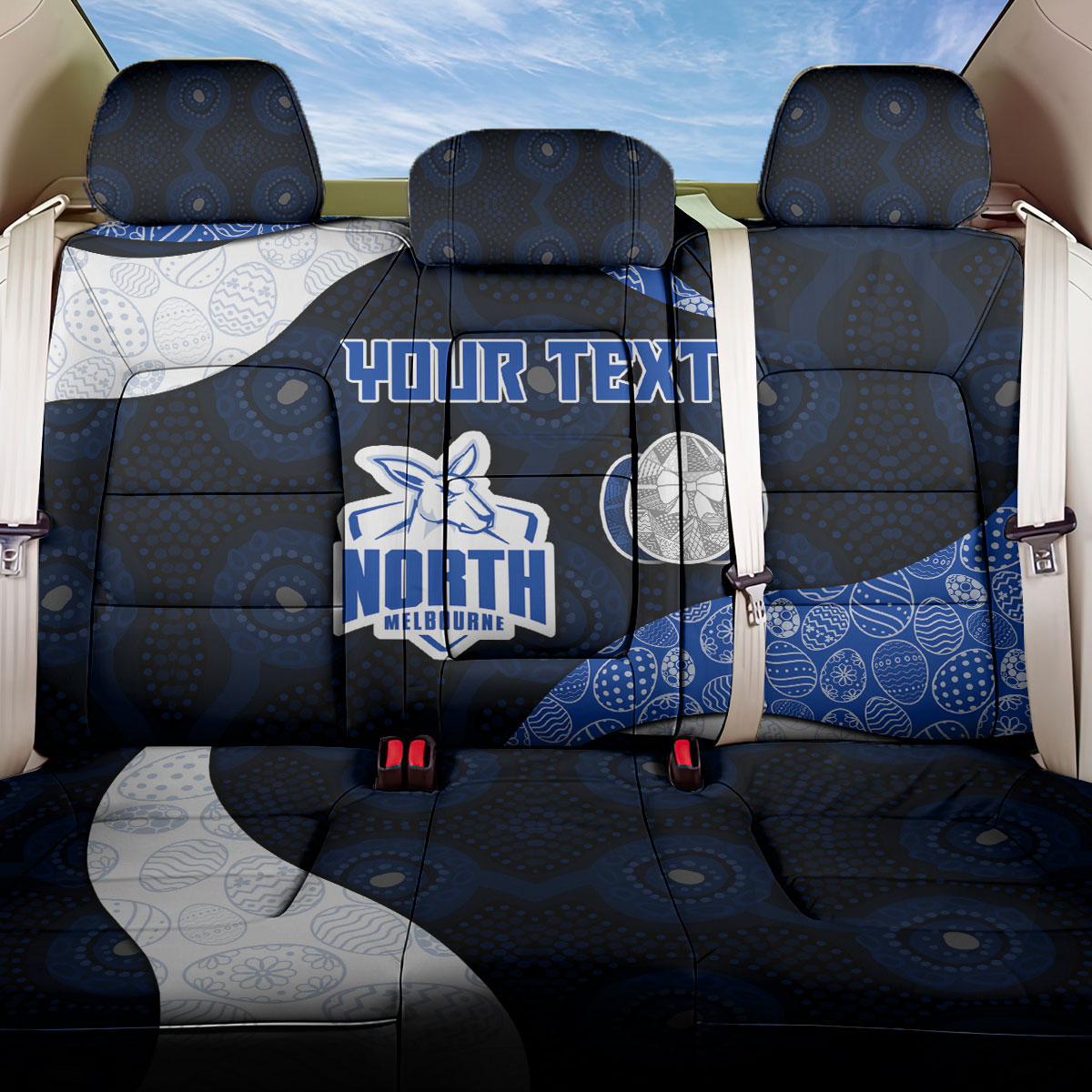 Personalized North Melbourne Football Back Car Seat Cover Easter Egg Pattern Blue White Tribal Dot Art Style