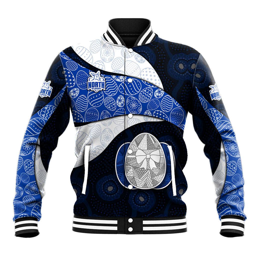 Personalized North Melbourne Football Baseball Jacket Easter Egg Pattern Blue White Tribal Dot Art Style