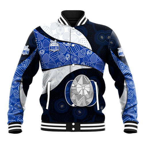 Personalized North Melbourne Football Baseball Jacket Easter Egg Pattern Blue White Tribal Dot Art Style