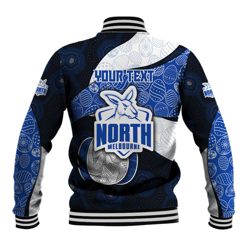 Personalized North Melbourne Football Baseball Jacket Easter Egg Pattern Blue White Tribal Dot Art Style