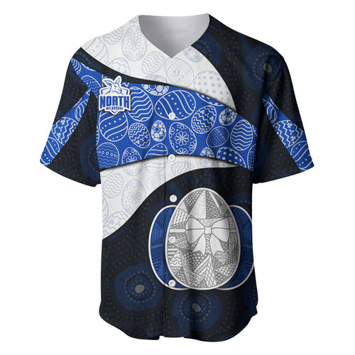Personalized North Melbourne Football Baseball Jersey Easter Egg Pattern Blue White Tribal Dot Art Style