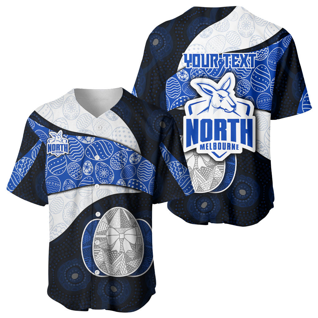 Personalized North Melbourne Football Baseball Jersey Easter Egg Pattern Blue White Tribal Dot Art Style