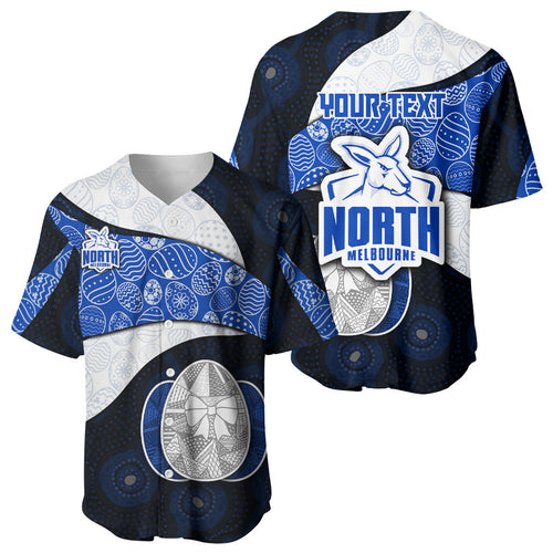 Personalized North Melbourne Football Baseball Jersey Easter Egg Pattern Blue White Tribal Dot Art Style