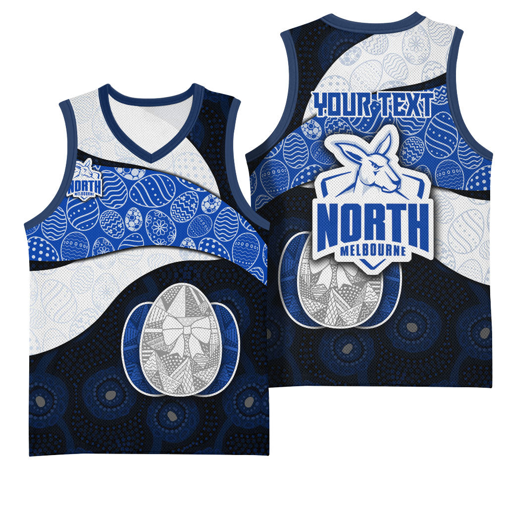 Personalized North Melbourne Football Basketball Jersey Easter Egg Pattern Blue White Tribal Dot Art Style