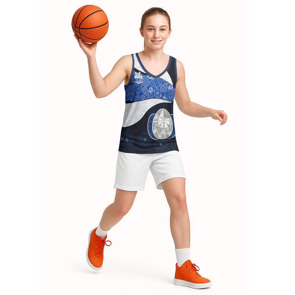 Personalized North Melbourne Football Basketball Jersey Easter Egg Pattern Blue White Tribal Dot Art Style