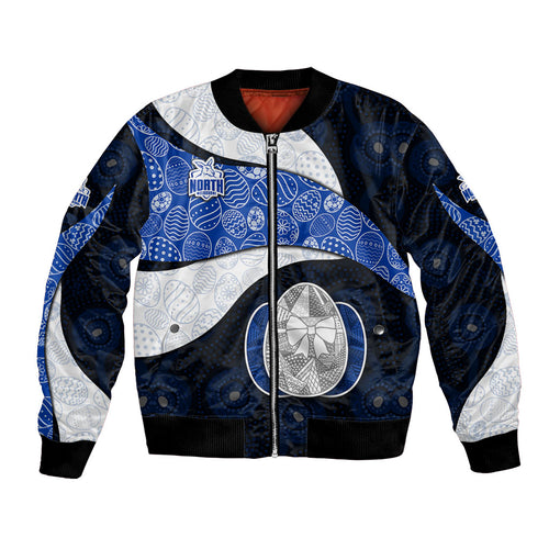 Personalized North Melbourne Football Bomber Jacket Easter Egg Pattern Blue White Tribal Dot Art Style