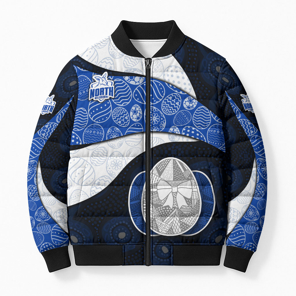 Personalized North Melbourne Football Bomber Puffer Jacket Easter Egg Pattern Blue White Tribal Dot Art Style