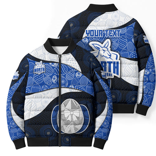 Personalized North Melbourne Football Bomber Puffer Jacket Easter Egg Pattern Blue White Tribal Dot Art Style