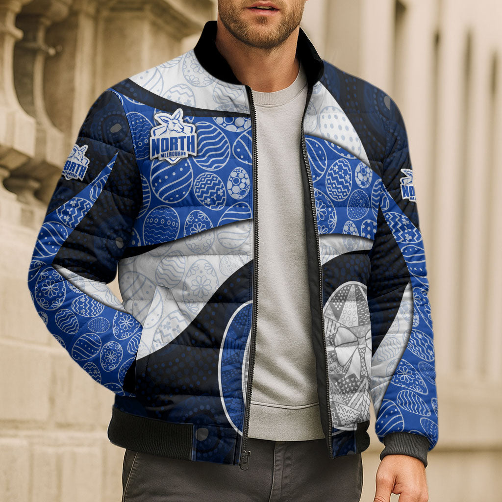 Personalized North Melbourne Football Bomber Puffer Jacket Easter Egg Pattern Blue White Tribal Dot Art Style