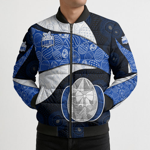 Personalized North Melbourne Football Bomber Puffer Jacket Easter Egg Pattern Blue White Tribal Dot Art Style