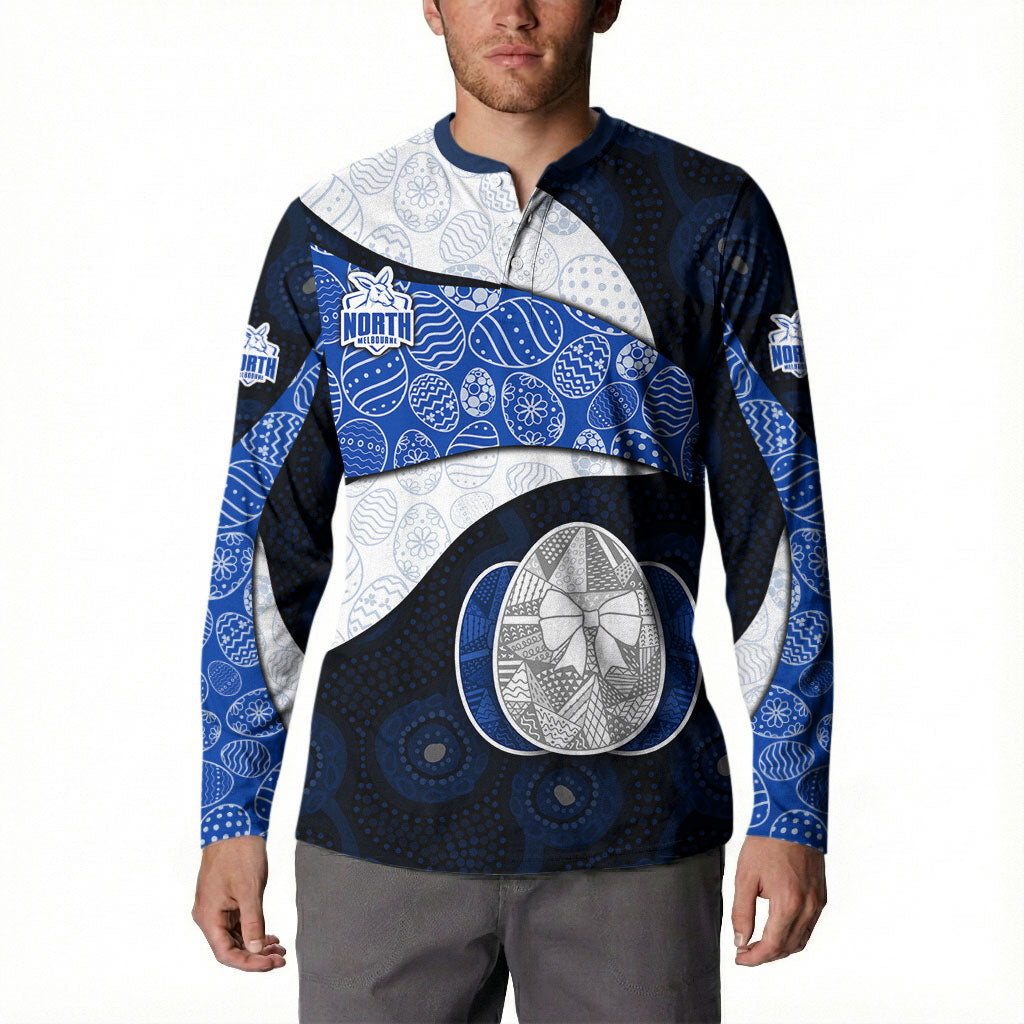 Personalized North Melbourne Football Button Sweatshirt Easter Egg Pattern Blue White Tribal Dot Art Style