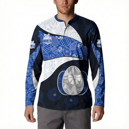 Personalized North Melbourne Football Button Sweatshirt Easter Egg Pattern Blue White Tribal Dot Art Style