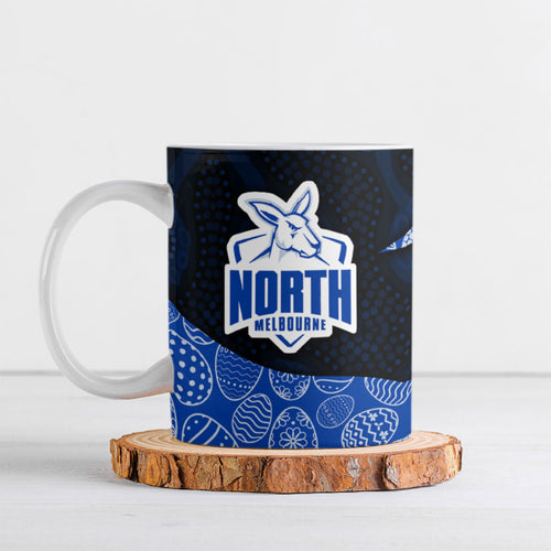 Personalized North Melbourne Football Ceramic Mug Easter Egg Pattern Blue White Tribal Dot Art Style