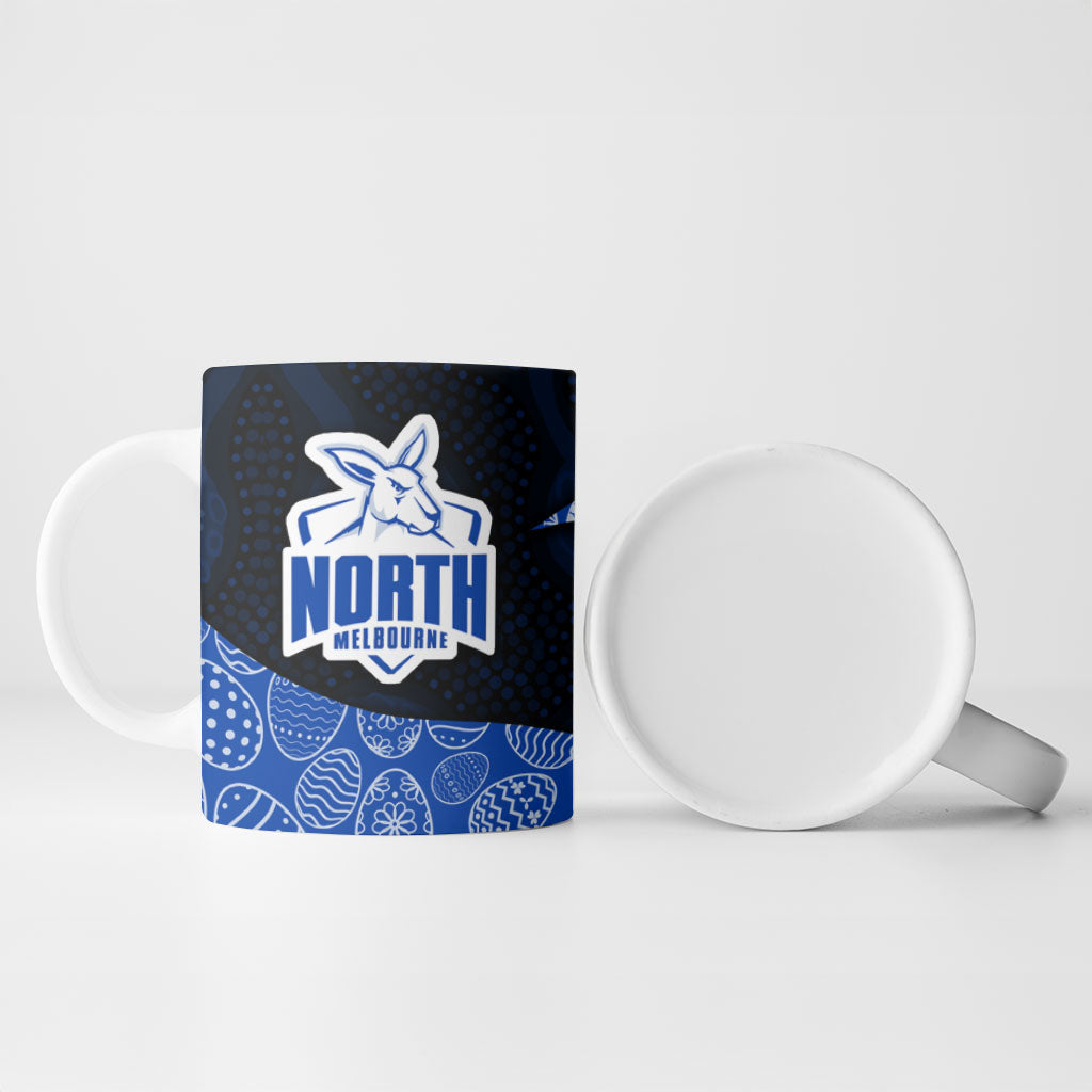 Personalized North Melbourne Football Ceramic Mug Easter Egg Pattern Blue White Tribal Dot Art Style