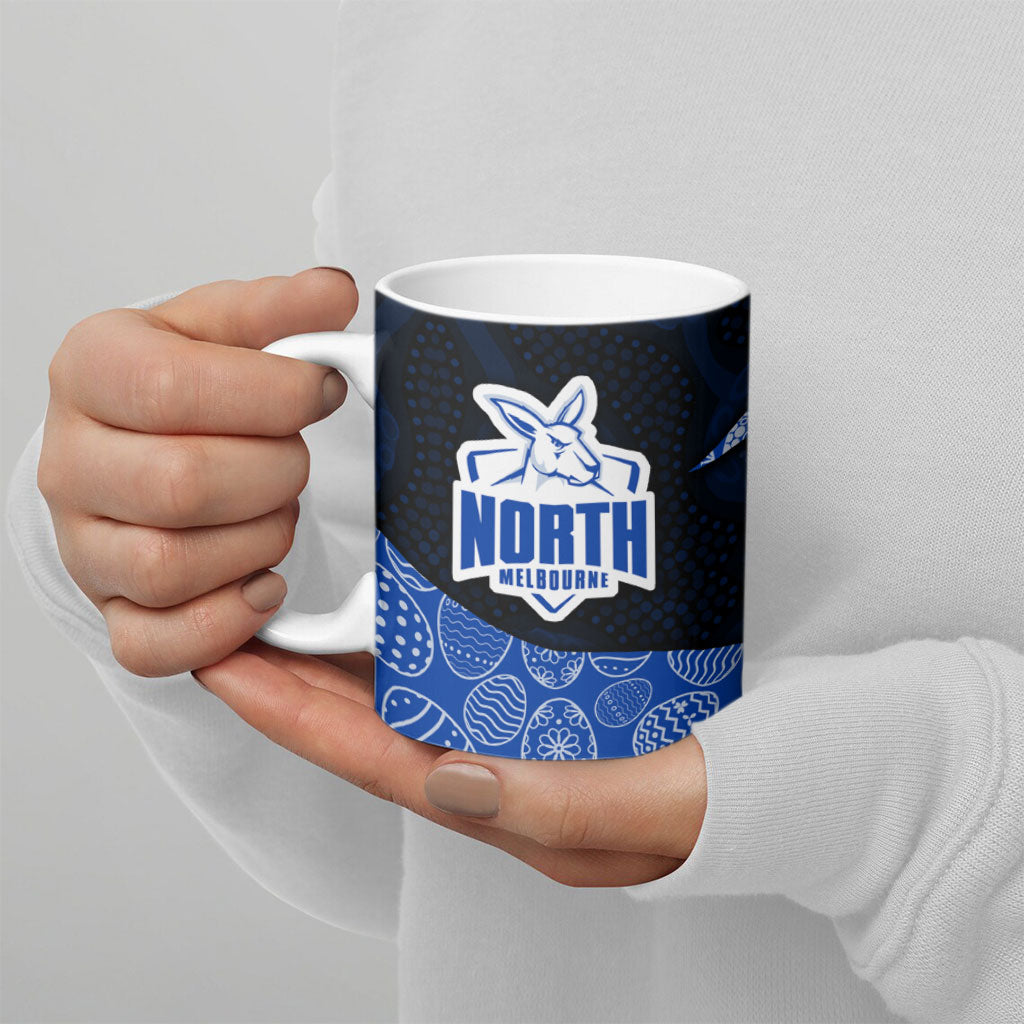Personalized North Melbourne Football Ceramic Mug Easter Egg Pattern Blue White Tribal Dot Art Style