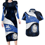 Personalized North Melbourne Football Couples Matching Long Sleeve Bodycon Dress and Hawaiian Shirt Easter Egg Pattern Blue White Tribal Dot Art Style