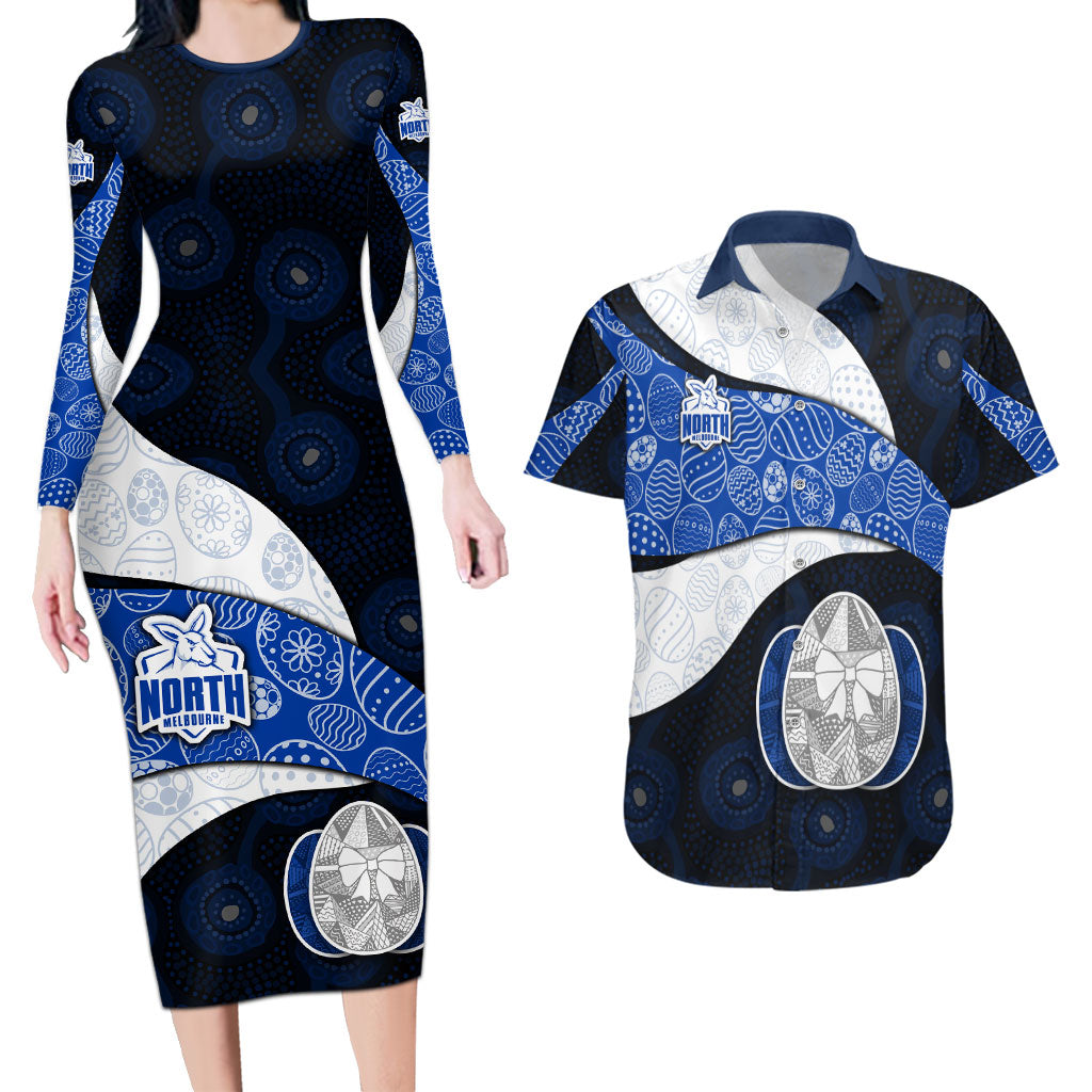 Personalized North Melbourne Football Couples Matching Long Sleeve Bodycon Dress and Hawaiian Shirt Easter Egg Pattern Blue White Tribal Dot Art Style