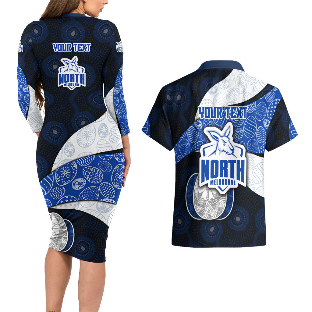 Personalized North Melbourne Football Couples Matching Long Sleeve Bodycon Dress and Hawaiian Shirt Easter Egg Pattern Blue White Tribal Dot Art Style