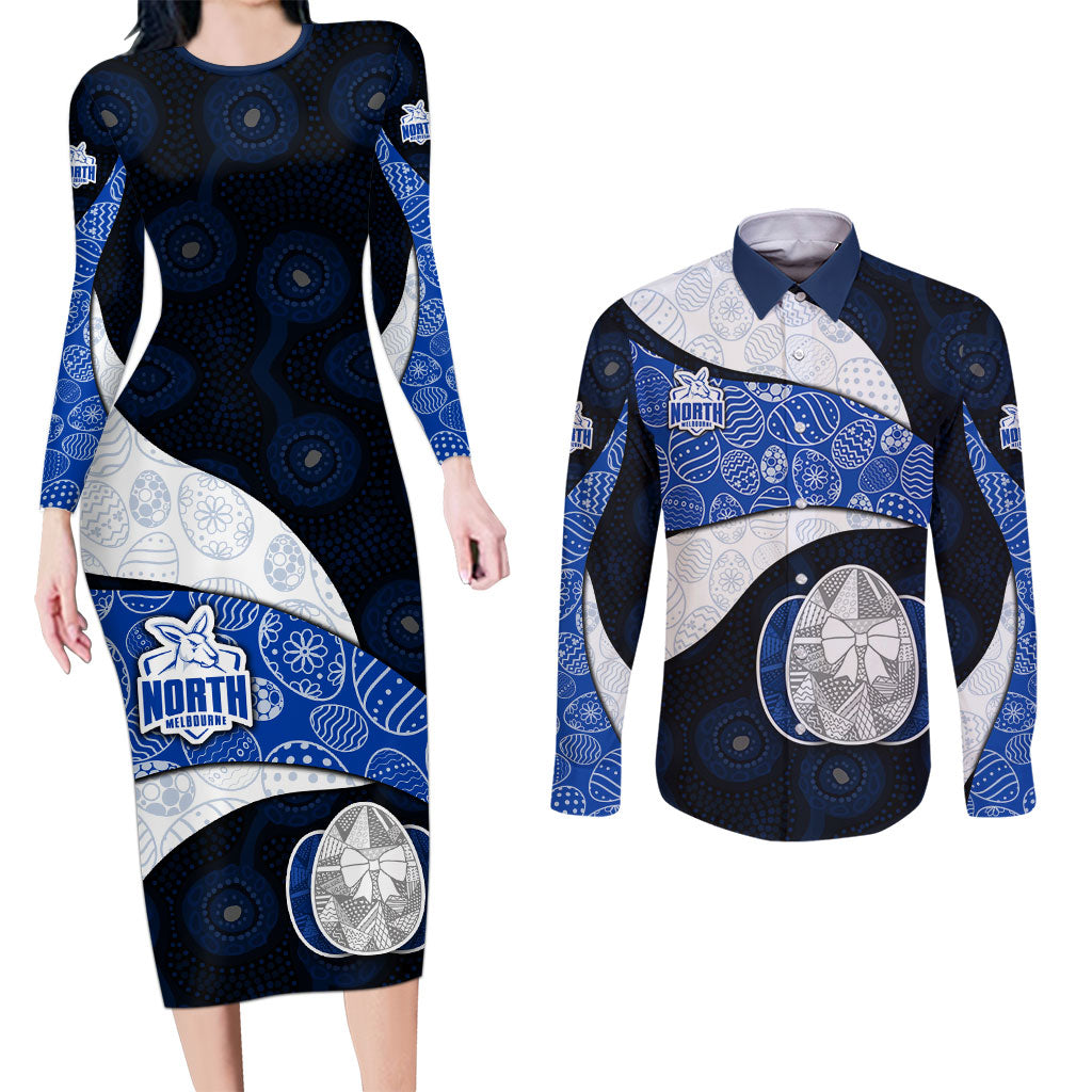 Personalized North Melbourne Football Couples Matching Long Sleeve Bodycon Dress and Long Sleeve Button Shirt Easter Egg Pattern Blue White Tribal Dot Art Style