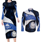 Personalized North Melbourne Football Couples Matching Long Sleeve Bodycon Dress and Long Sleeve Button Shirt Easter Egg Pattern Blue White Tribal Dot Art Style